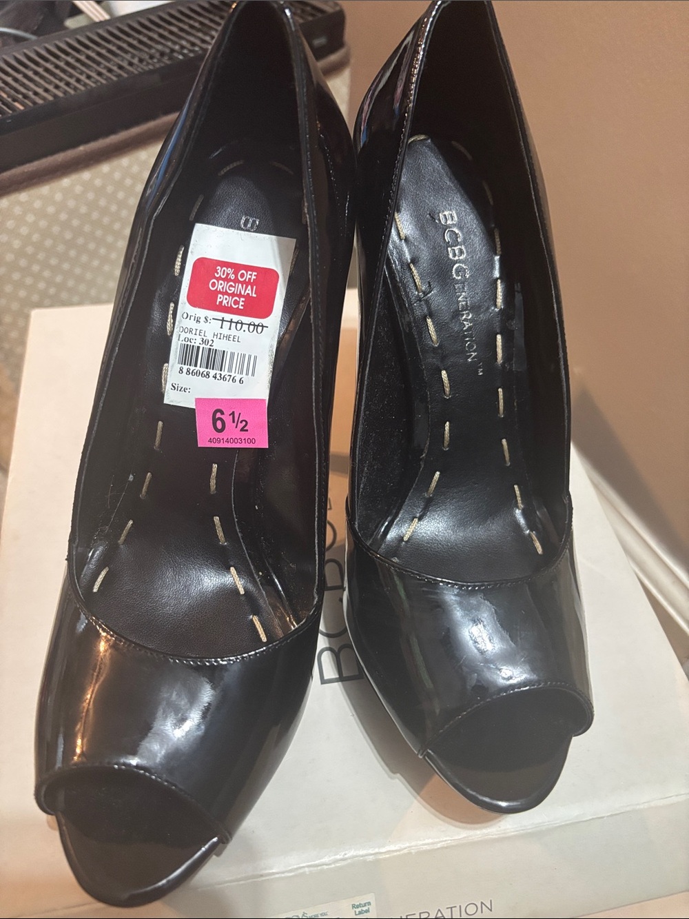 BCBGeneration Black Patent Peep-Toe Heels